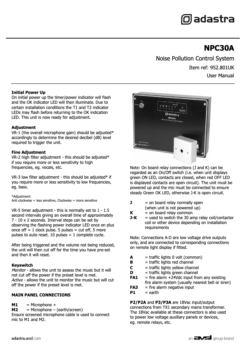 Page 1 de la notice Manuel utilisateur Adastra NPC30A