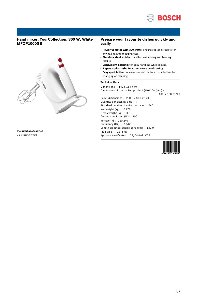 Page 1 de la notice Fiche technique Bosch MFQP1000GB