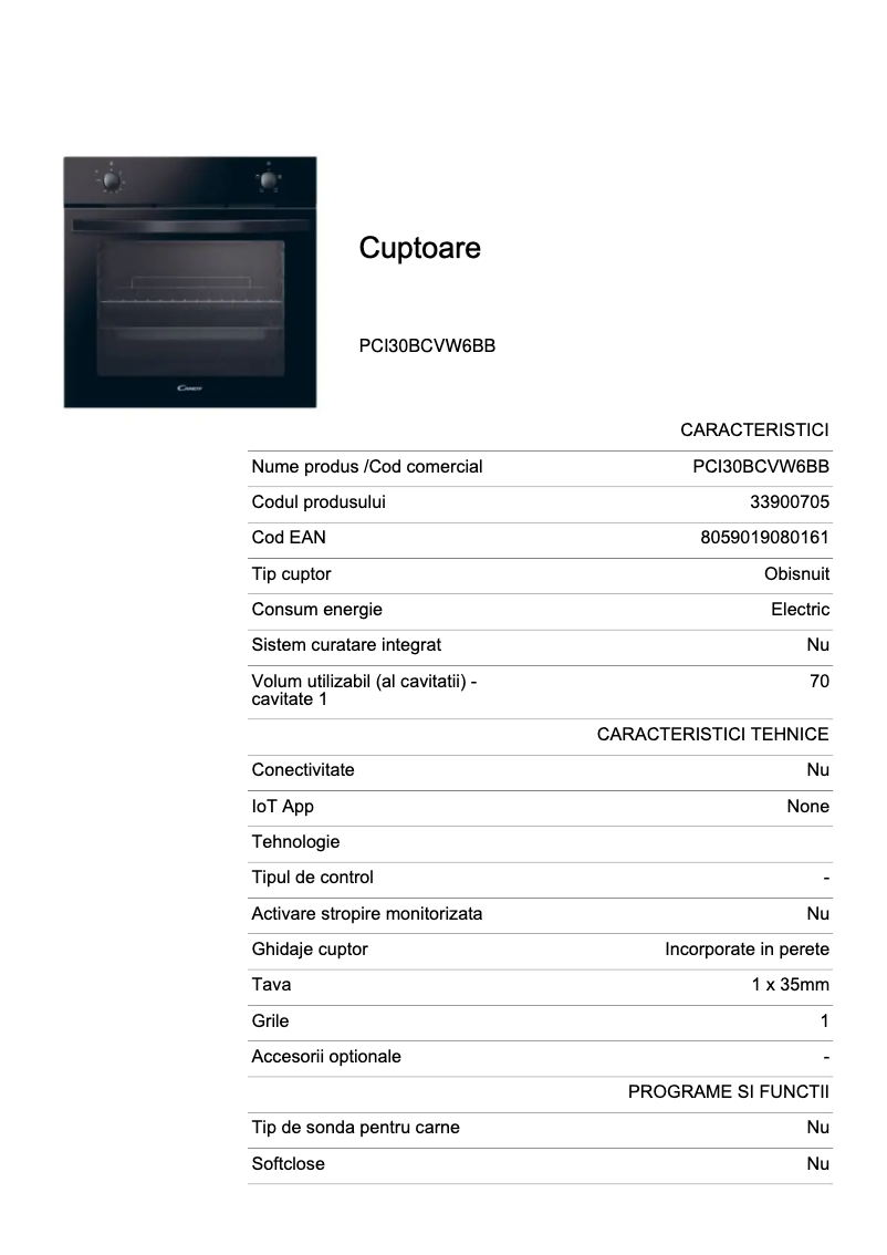 Página 1 del manual Ficha técnica Candy PCI30BCVW6BB