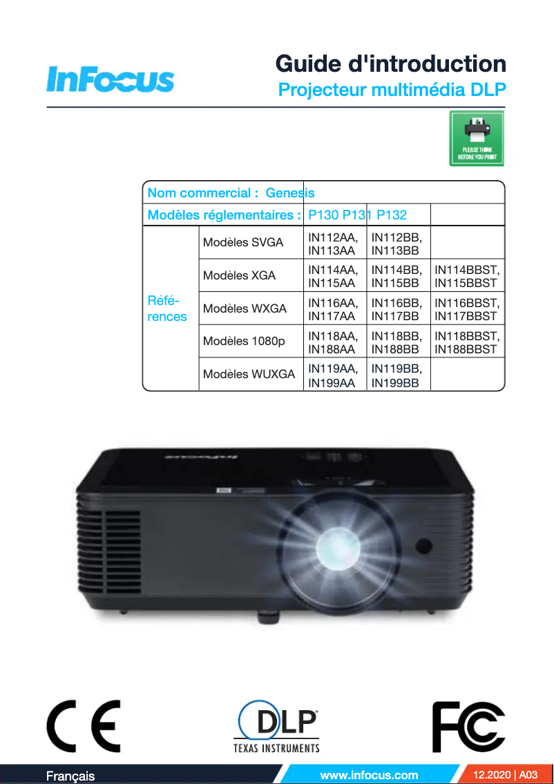 Page 1 de la notice Manuel utilisateur InFocus Genesis IN114BB