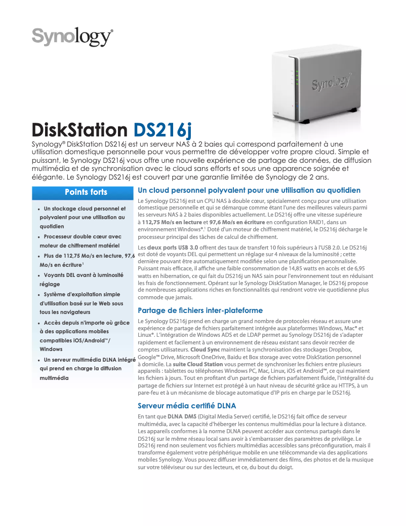 Page 1 de la notice Fiche technique Synology DiskStation DS216j