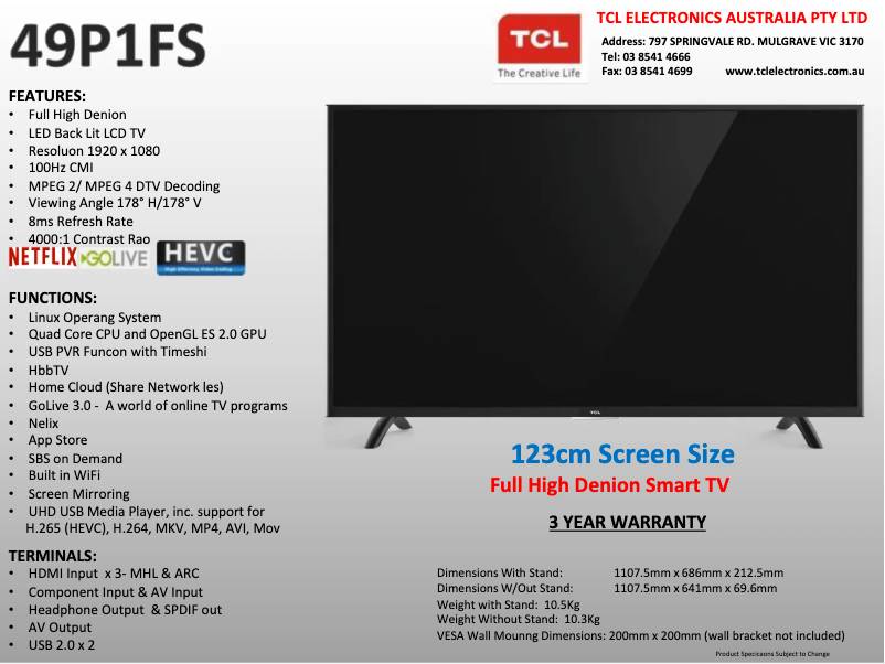Page 1 of the manual User Manual TCL 49P1FS