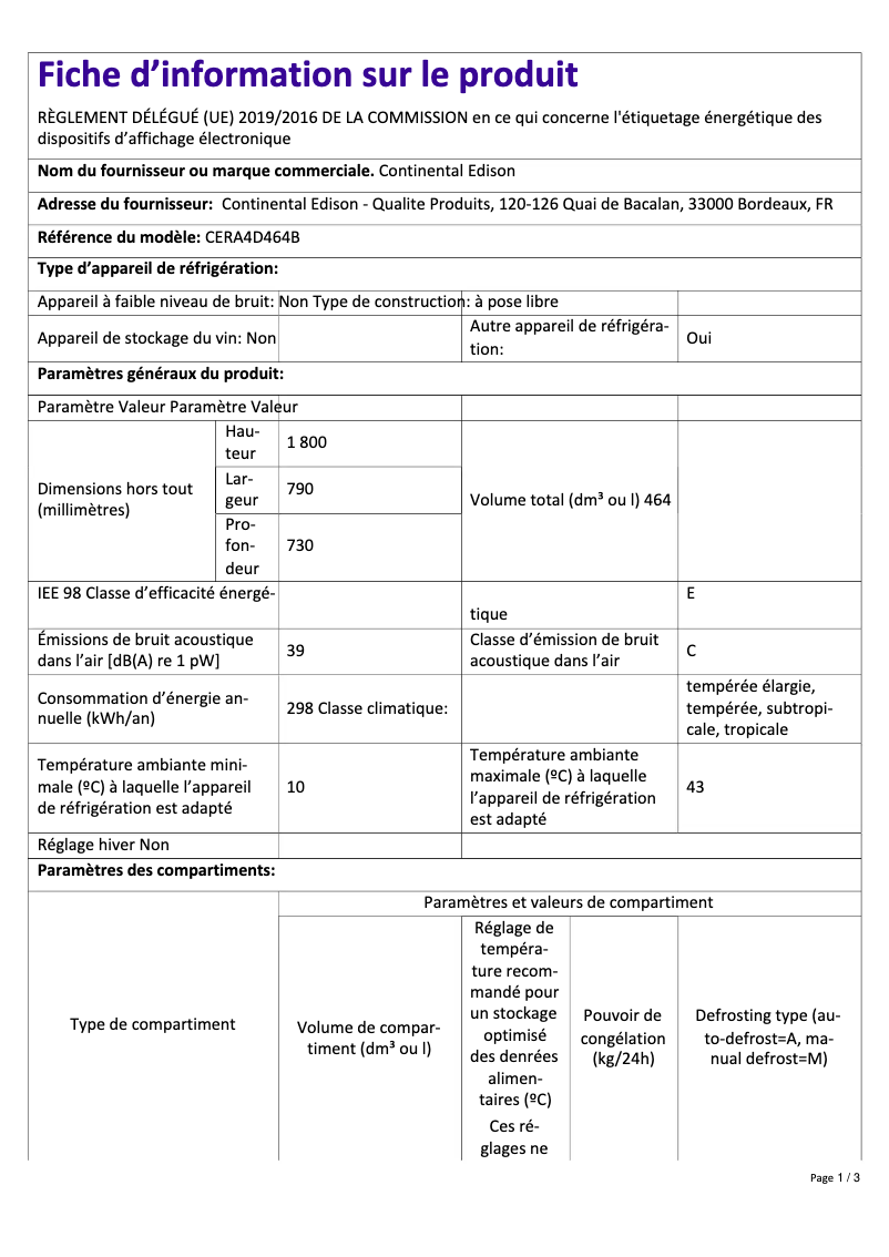 Page 1 de la notice Label énergétique Continental Edison CERA4D464B