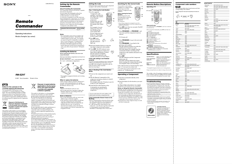 Page 1 de la notice Manuel utilisateur Sony RM-EZ4T
