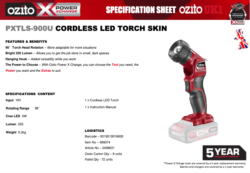 Página 1 del manual Ficha técnica Ozito PXTLS-900U