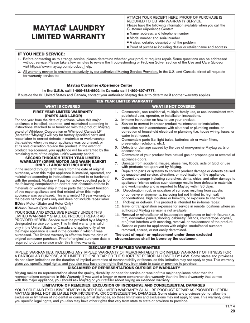 Page 1 de la notice Informations de garantie Maytag MHW6630HC