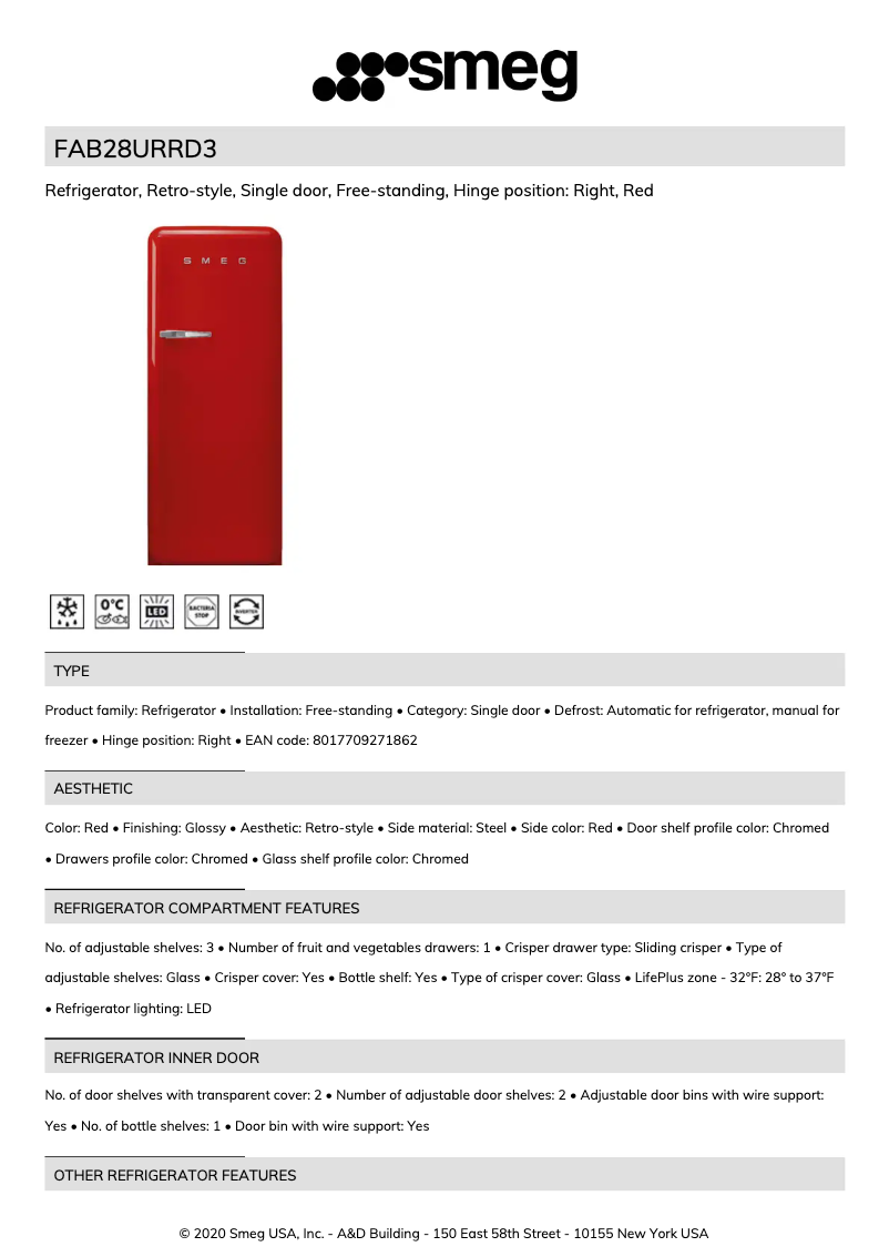 Page 1 de la notice Fiche technique Smeg FAB28URRD3