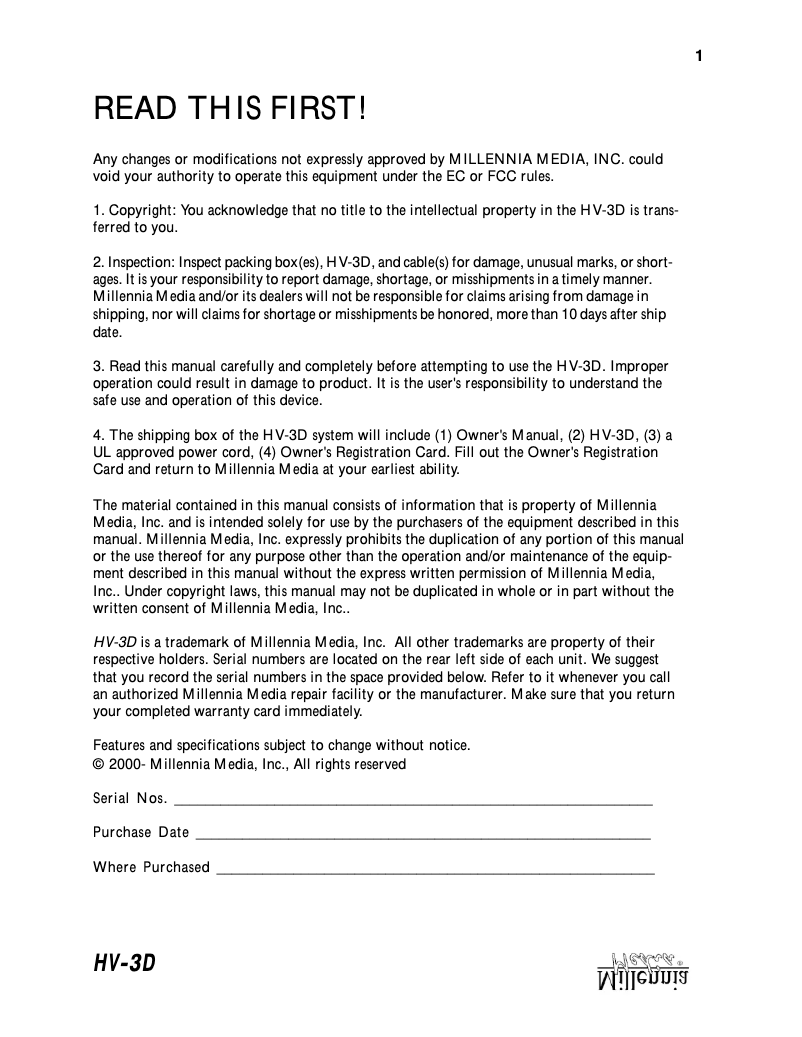 Page 1 of the manual User Manual Millennia HV-3D