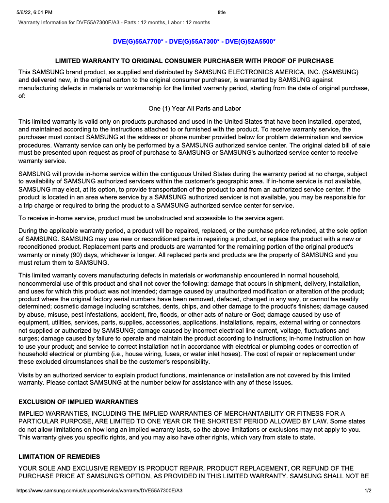 Página 1 del manual Información de garantía Samsung DVE55A7300E