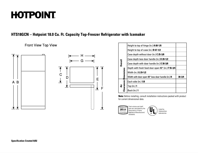 Página 1 del manual Ficha técnica Hotpoint HTS18GCNWW