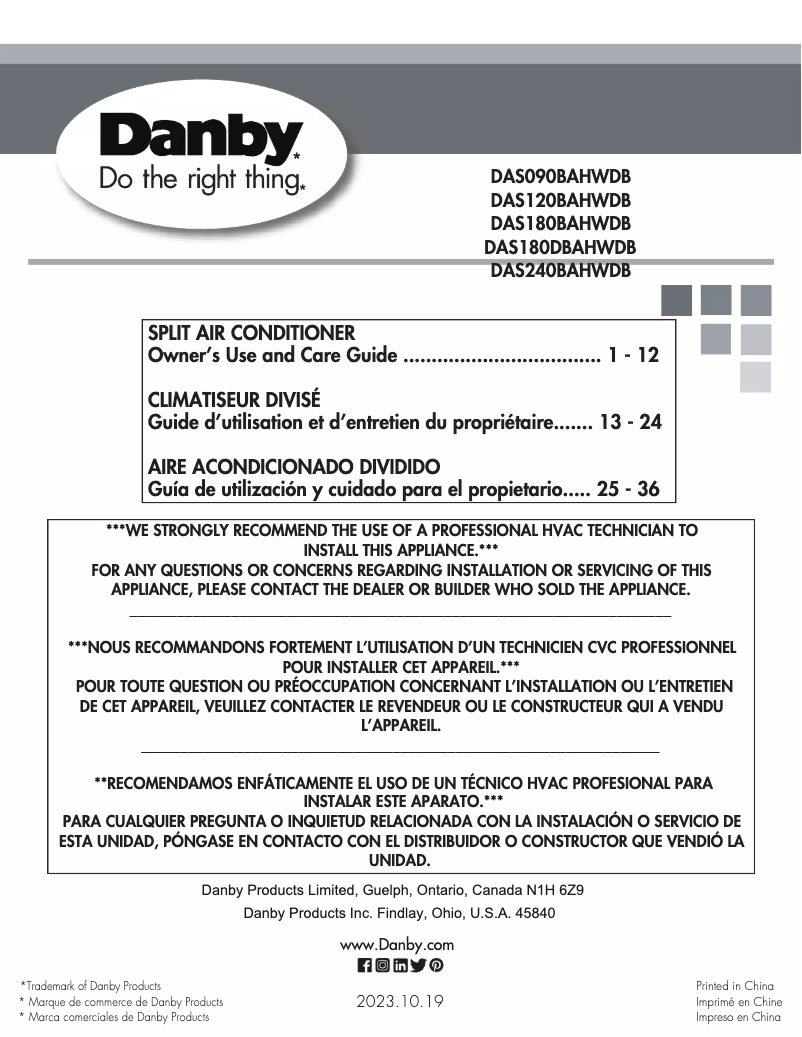 Page 1 de la notice Manuel utilisateur Danby DAS120BAHWDB