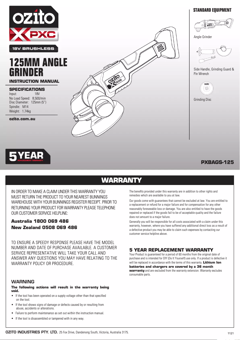 Page 1 de la notice Manuel utilisateur Ozito PXBAGS-125