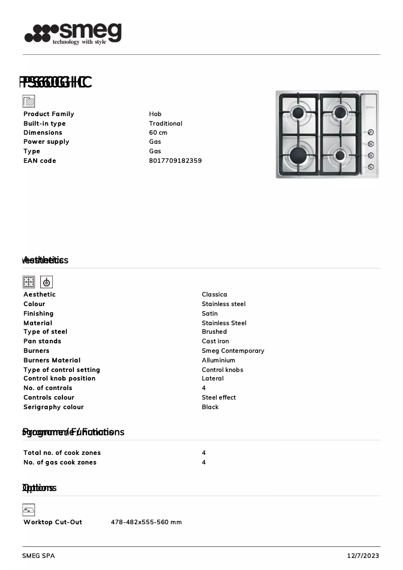 Página 1 del manual Ficha técnica Smeg PS60GHC