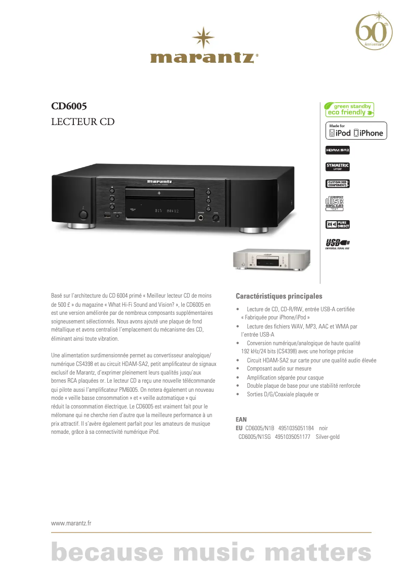 Page 1 de la notice Fiche technique Marantz CD6005