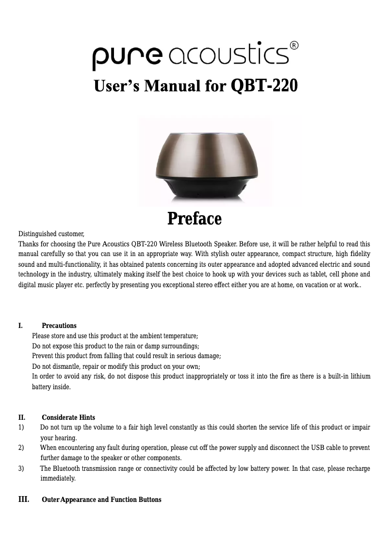 Page 1 de la notice Manuel utilisateur Pure Acoustics QBT 220