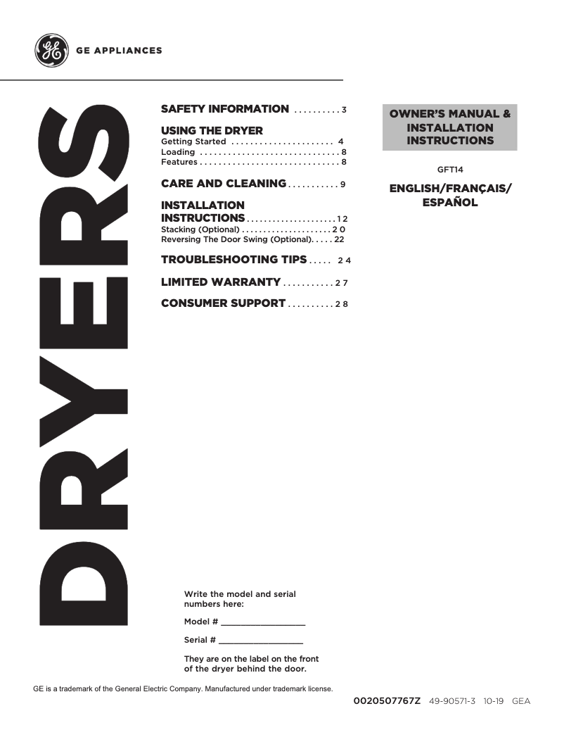 Página 1 del manual Manual de uso y mantenimiento GE GFT14ESSLWW