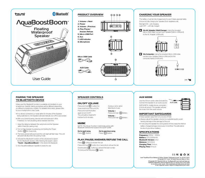 Page 1 de la notice Manuel utilisateur Tzumi AquaBoost Boom