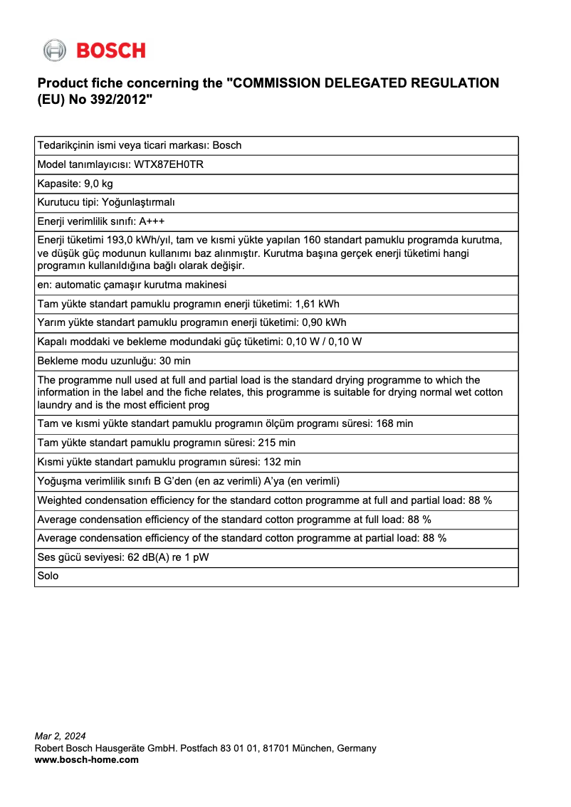 Page 1 de la notice Fiche technique Bosch WTX87EH0TR