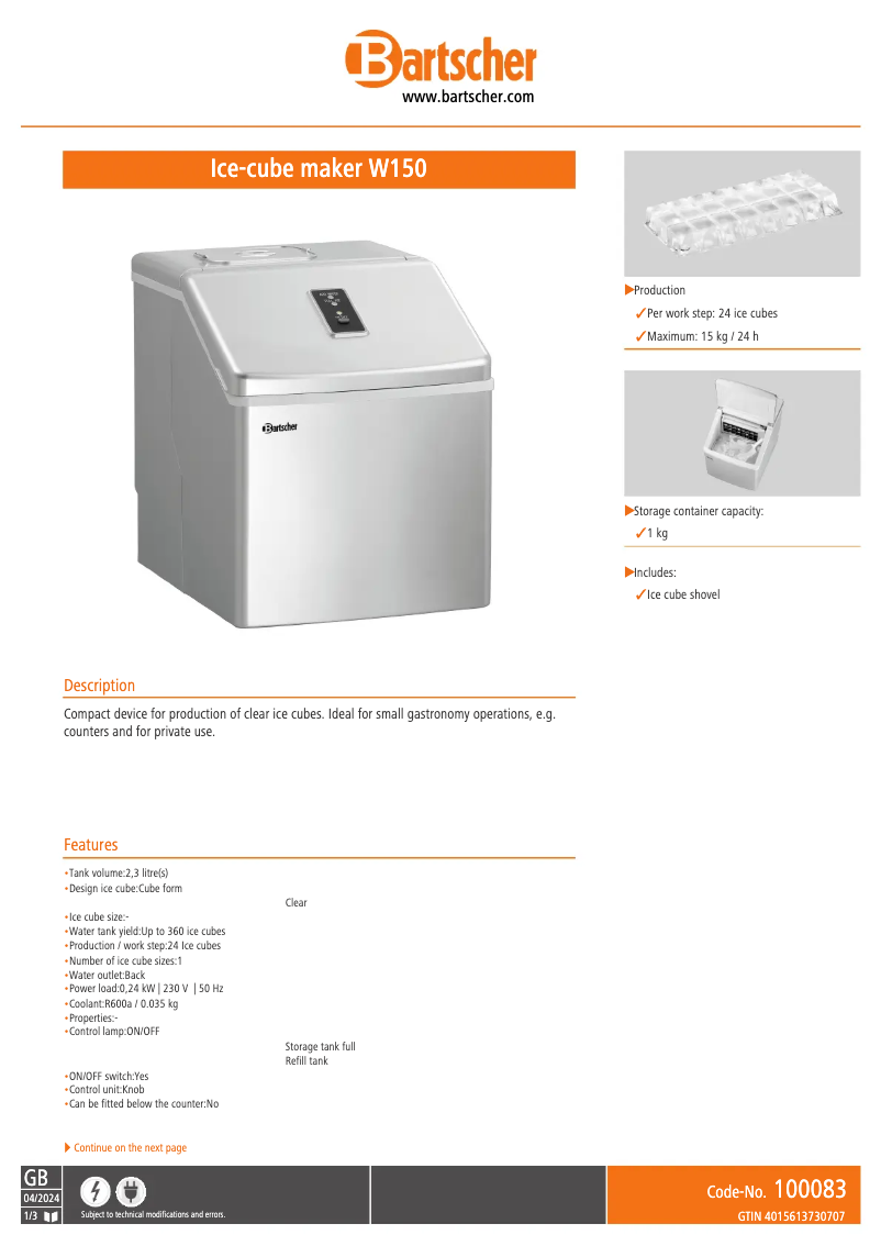 Page 1 de la notice Fiche technique Bartscher W150