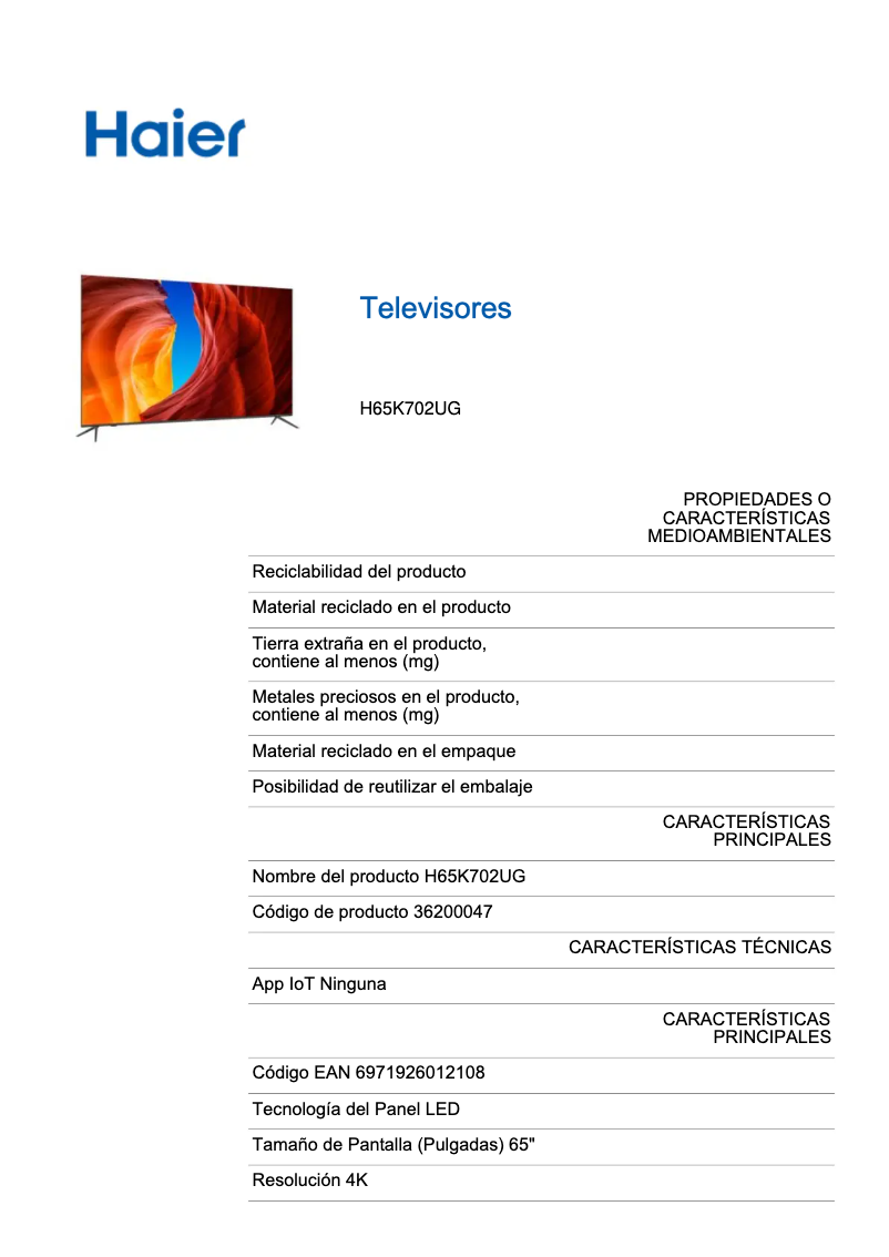 Page 1 de la notice Manuel utilisateur Haier H65K702UG