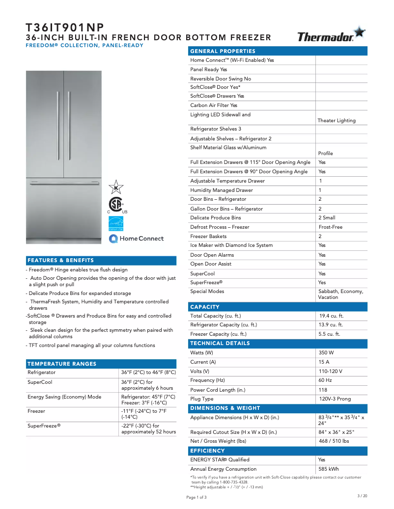 Page 1 de la notice Fiche technique Thermador T36IT901NP
