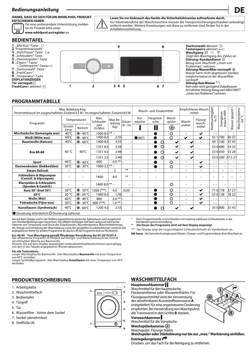 Page 1 de la notice Manuel d'utilisation et d'entretien Whirlpool FFB 8469E WV BE