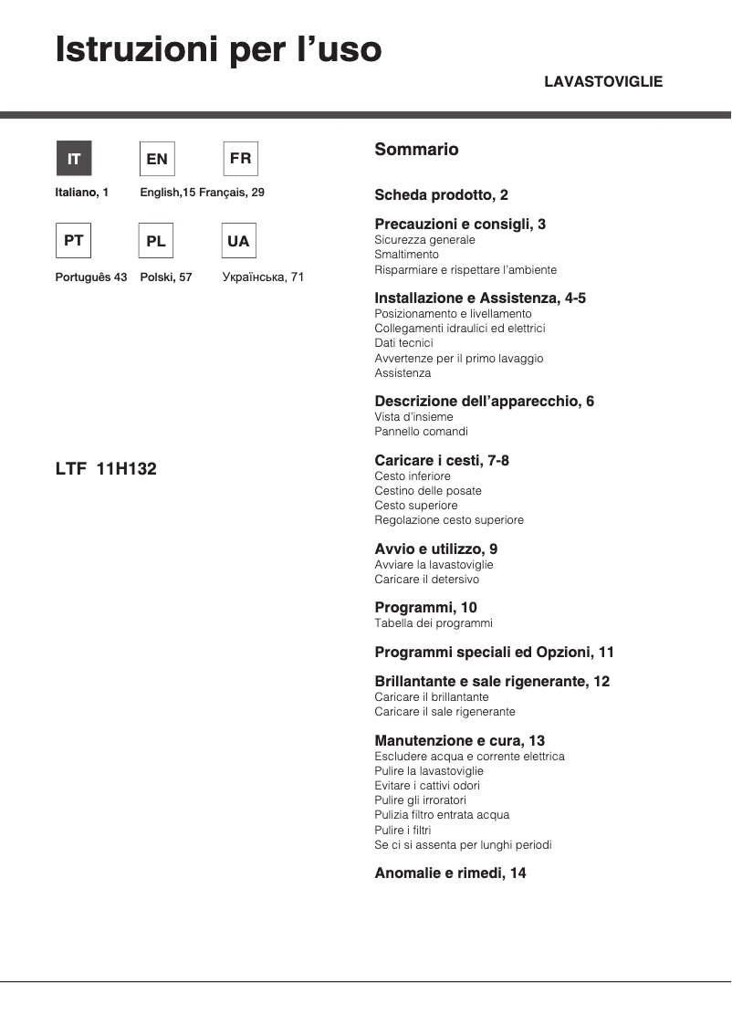 Page 1 de la notice Manuel utilisateur Hotpoint Ariston LTF 11H132 O EU
