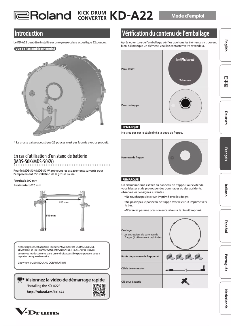 Page 1 de la notice Manuel utilisateur Roland KD-A22