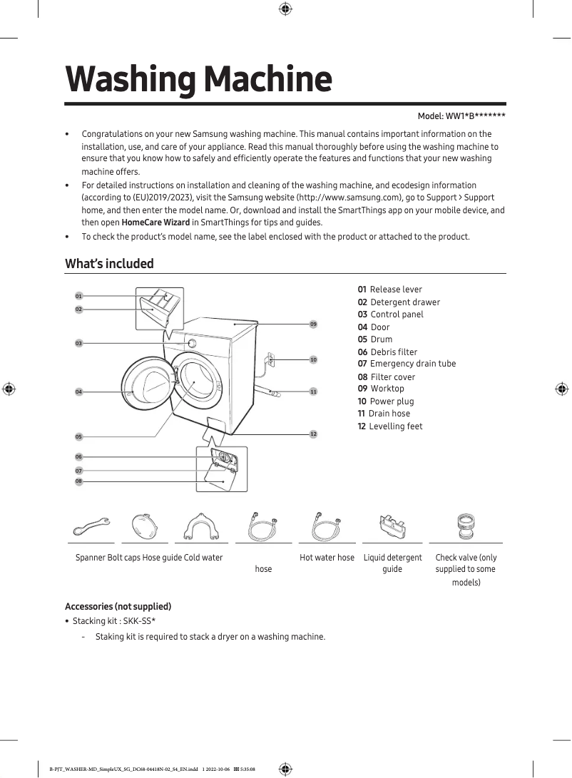 Page 1 de la notice Guide de démarrage rapide Samsung WW11BB504CAW