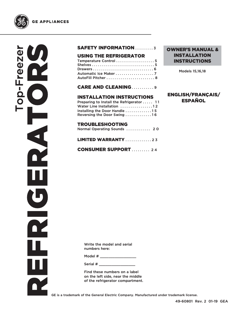 Page 1 de la notice Manuel d'utilisation et d'entretien GE GIE18ETHWW