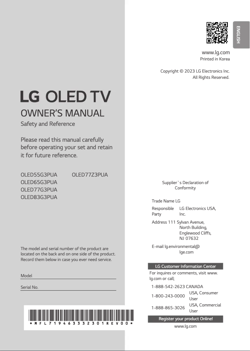 Page 1 de la notice Manuel utilisateur LG OLED83G3PUA