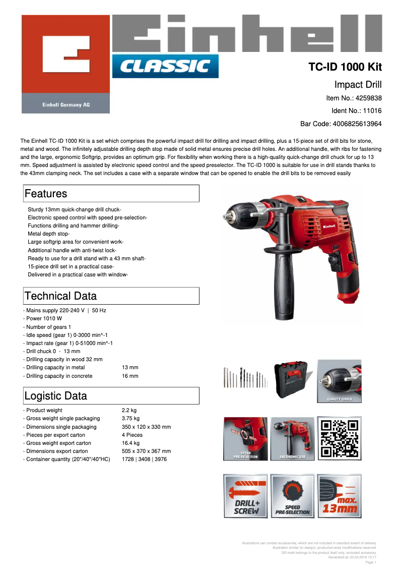 Página 1 del manual Ficha técnica Einhell TC-ID 1000 Kit