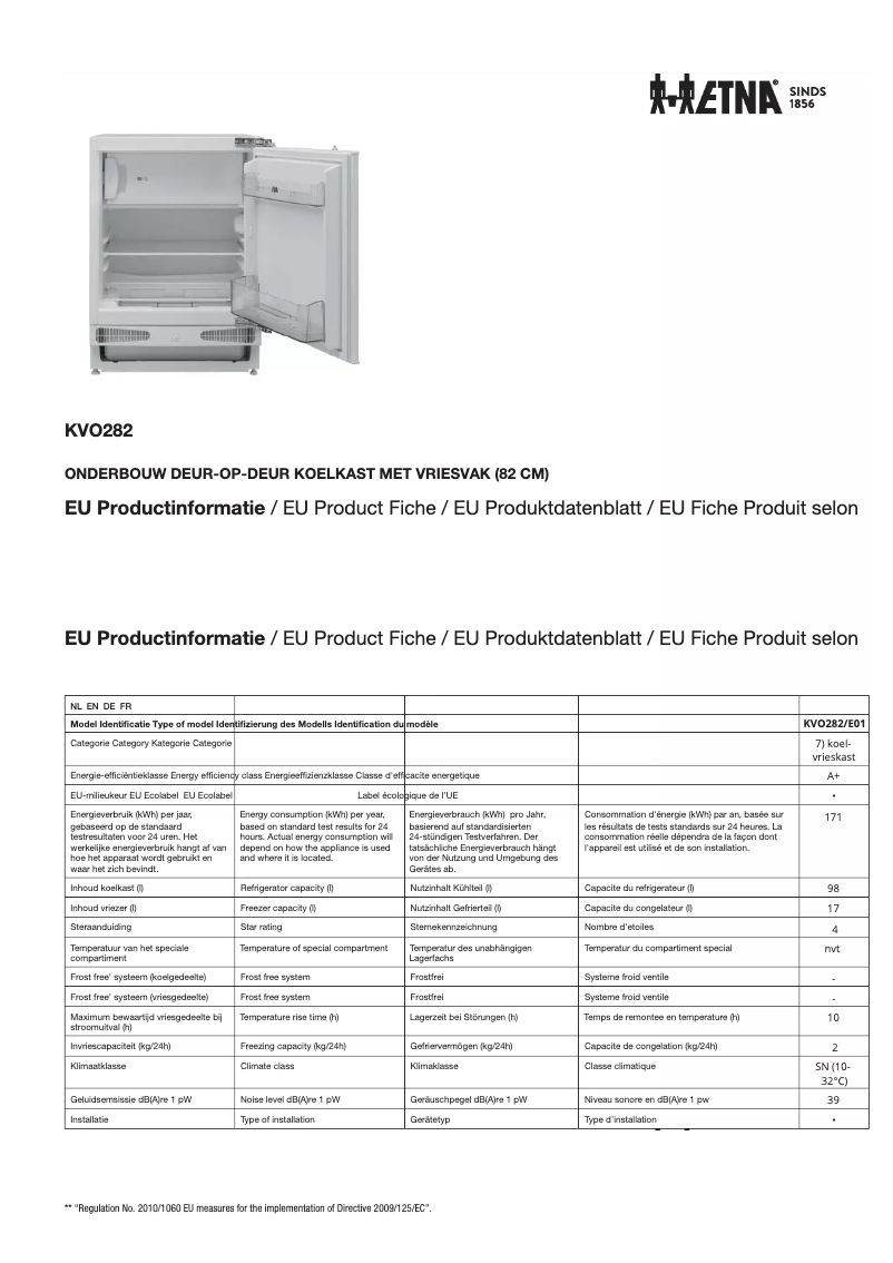 Page 1 de la notice Fiche technique Etna KVO282