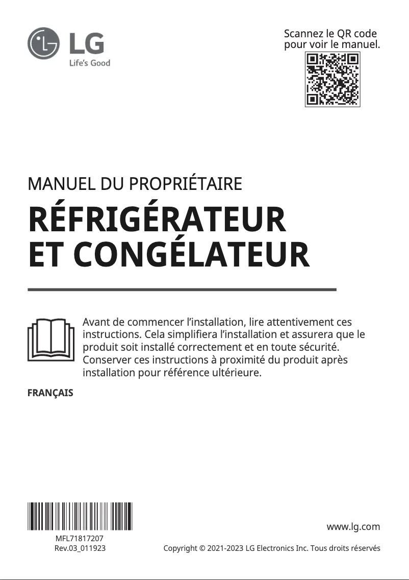 Page 1 de la notice Manuel utilisateur LG GN-B332PLGB