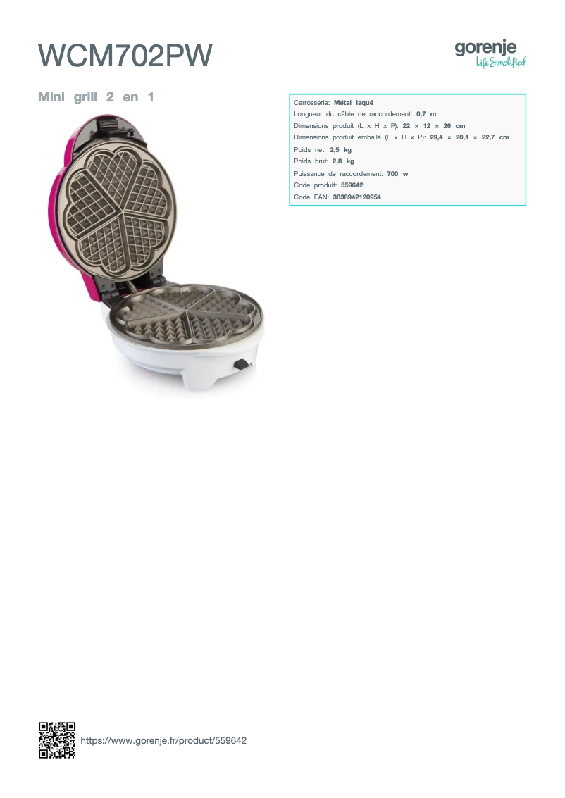 Page 1 de la notice Fiche technique Gorenje WCM702PW