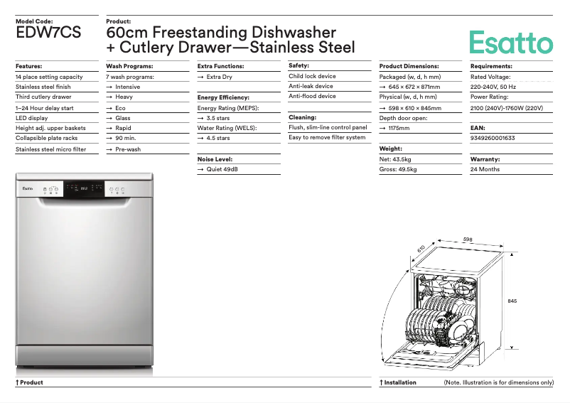 Página 1 del manual Ficha técnica Esatto EDW7CS
