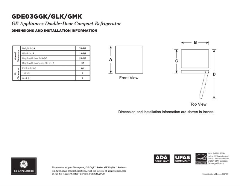 Página 1 del manual Ficha técnica GE GDE03GMKED
