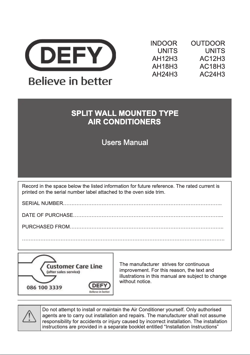 Page 1 de la notice Manuel utilisateur Defy AH12H3