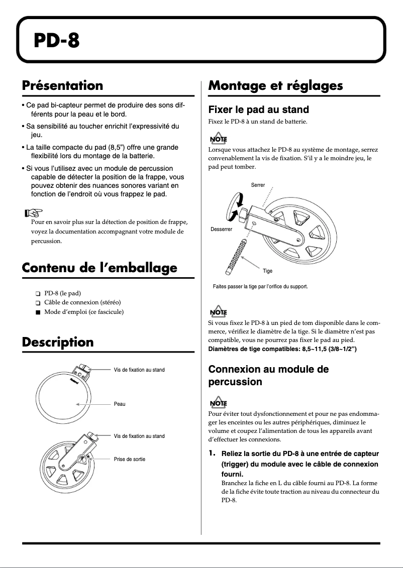 Page 1 de la notice Manuel utilisateur Roland PD-8