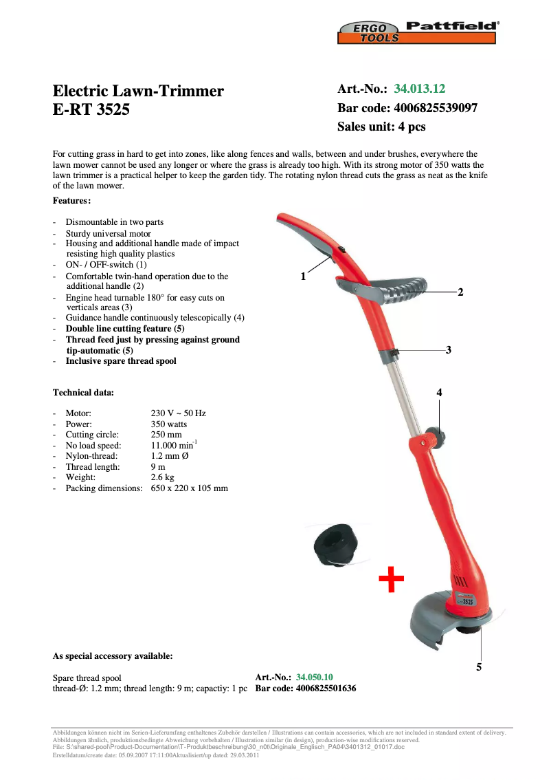 Page 1 de la notice Manuel utilisateur Ergotools Pattfield E-RT 3525
