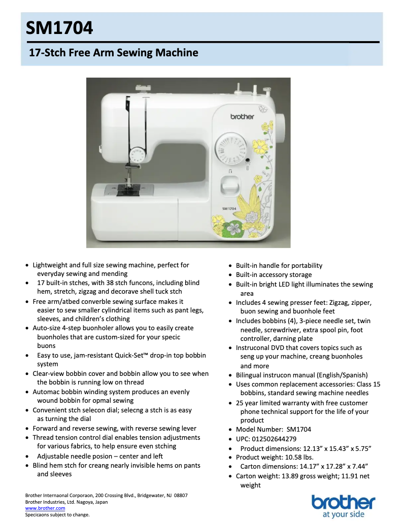 Page 1 de la notice Fiche technique Brother SM1704