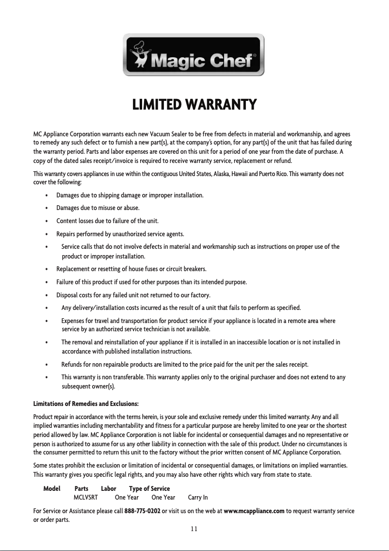 Page 1 de la notice Informations de garantie Magic Chef MCLVSRT