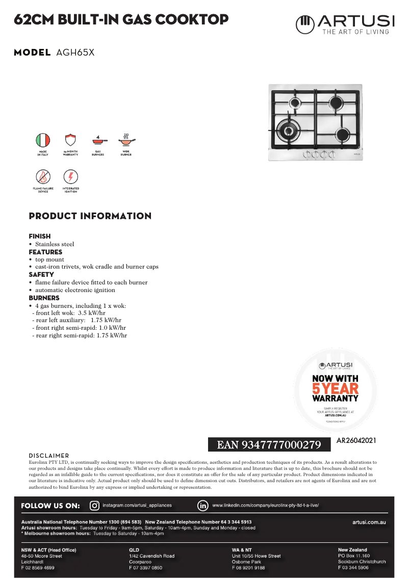 Page 1 of the manual Technical Sheet Artusi AGH65X
