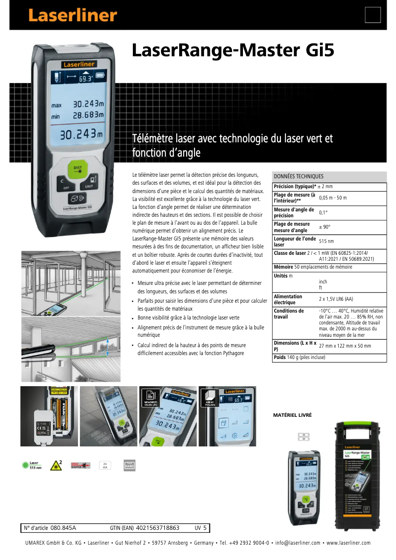 Page 1 de la notice Fiche technique Laserliner LaserRange-Master Gi5