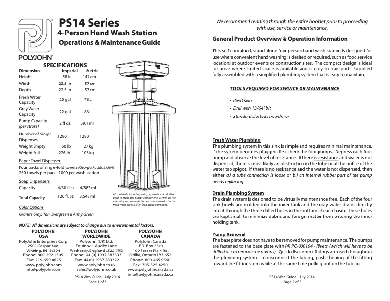 Page 1 de la notice Manuel utilisateur PolyJohn PS14-1000