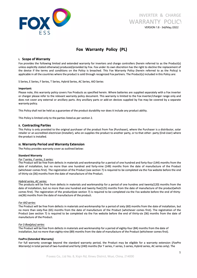 Page 1 de la notice Guide d'installation FOX ESS F5000