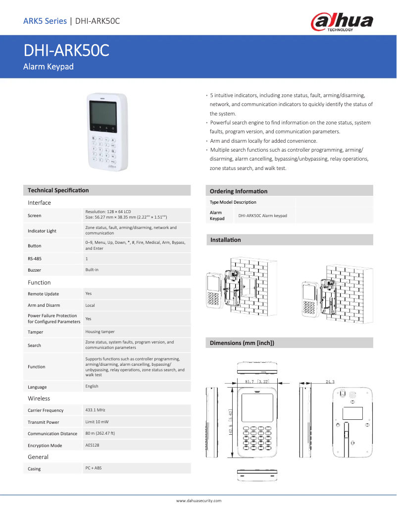 Page 1 of the manual Technical Sheet Dahua Technology ARK50C