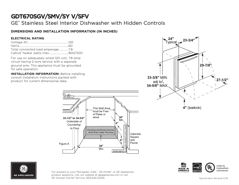 Page 1 of the manual Technical Sheet GE GDT670SGVWW