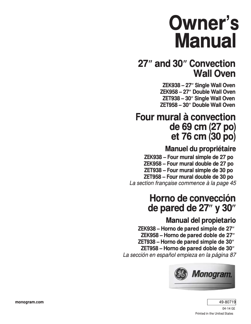 Page 1 de la notice Manuel d'utilisation et d'entretien GE ZET958SMSS