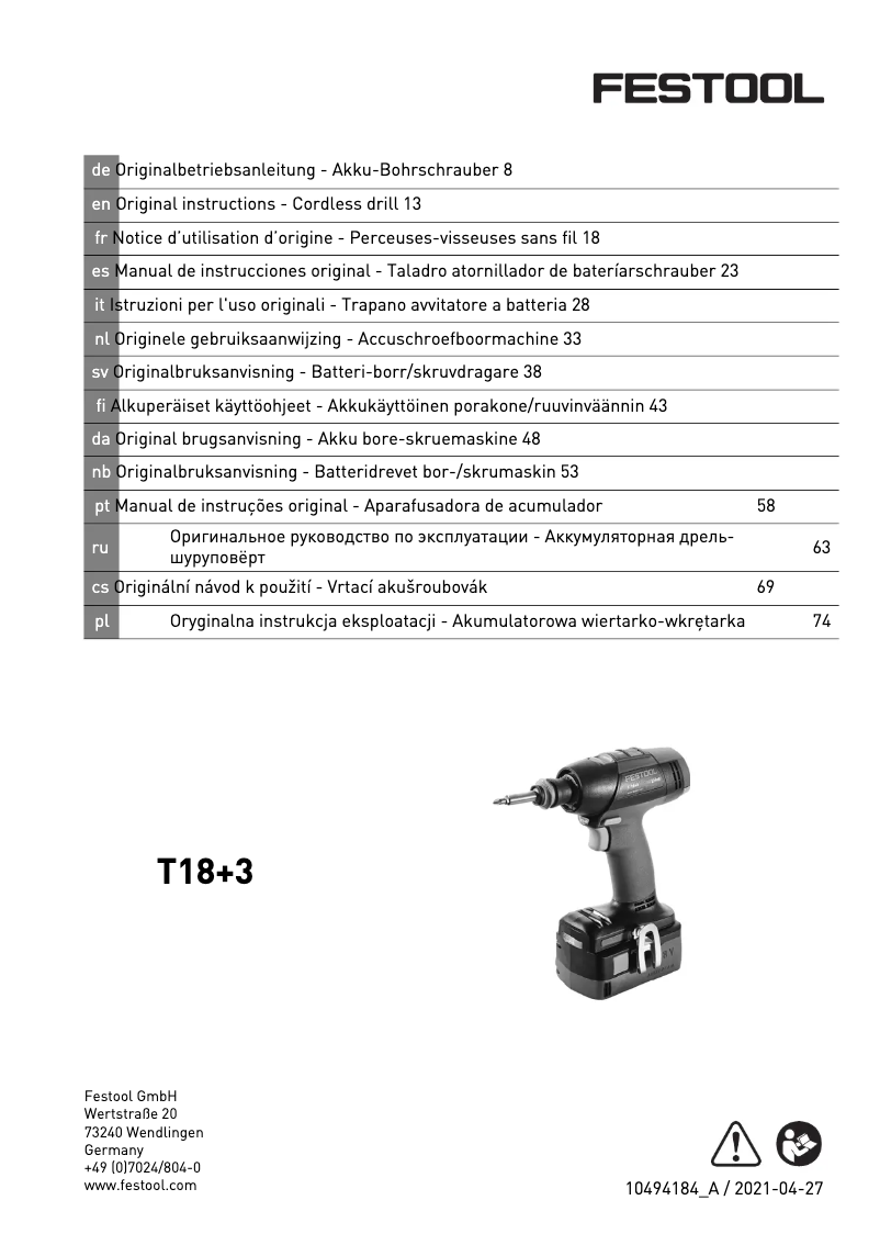 Page 1 de la notice Manuel utilisateur Festool T 18+3